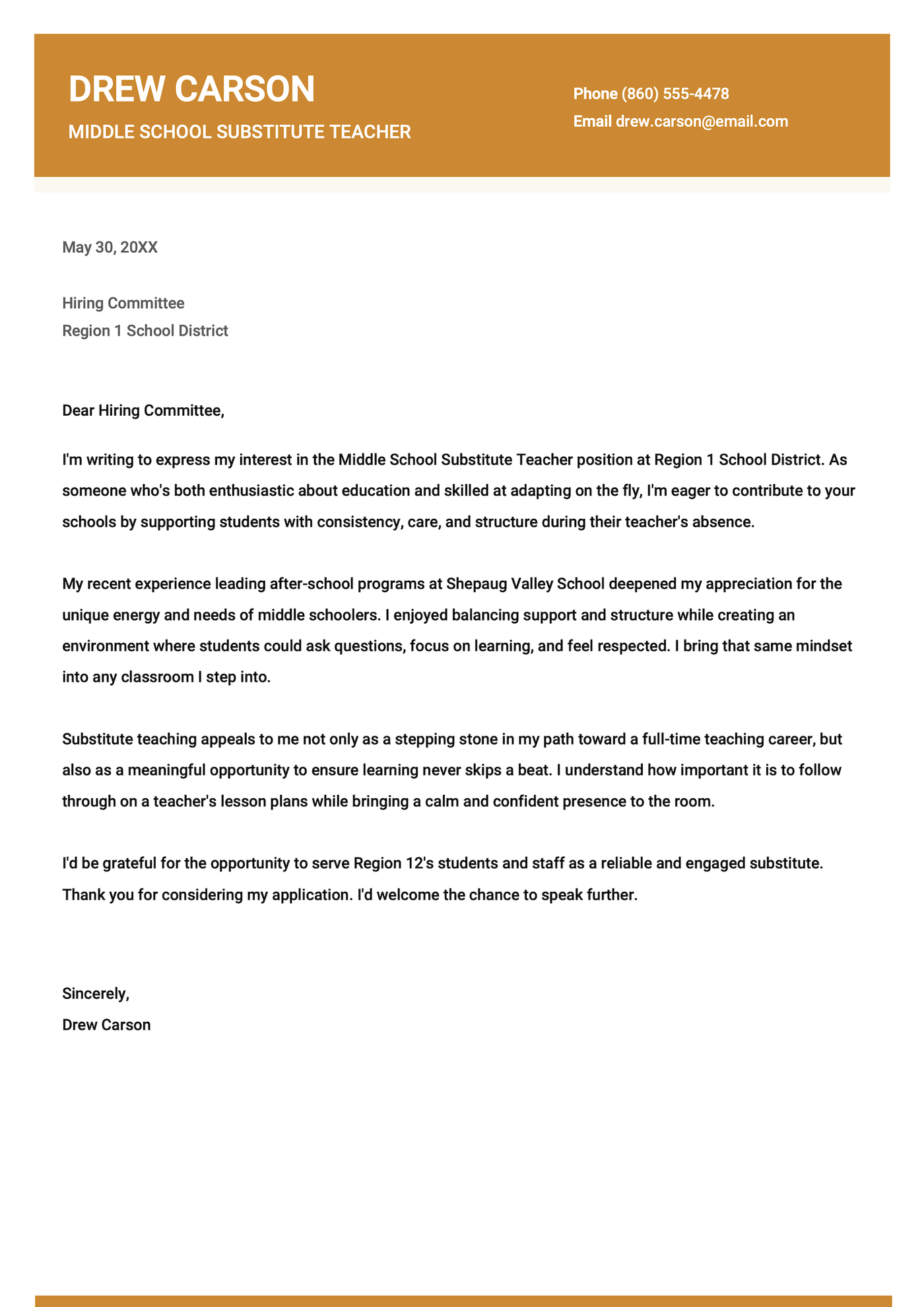 A middle school substitute teacher cover letter example.
