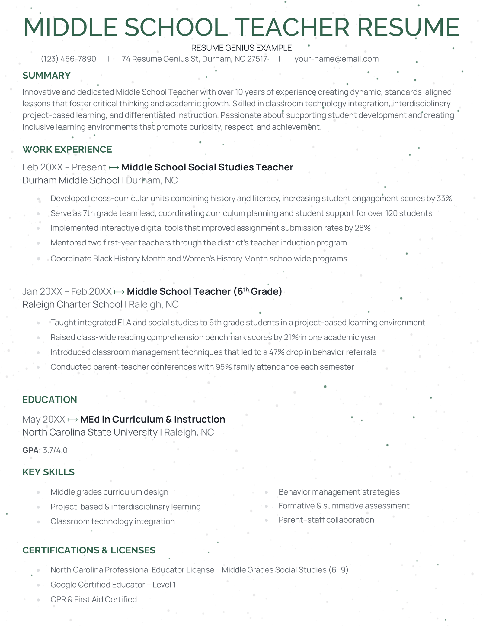 A middle school teacher resume example.