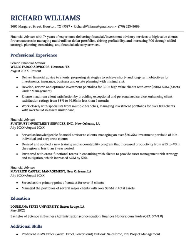 Simple resume template in dark blue and minimalist design.