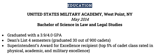 An example of how to list military experience on a resume in the education section