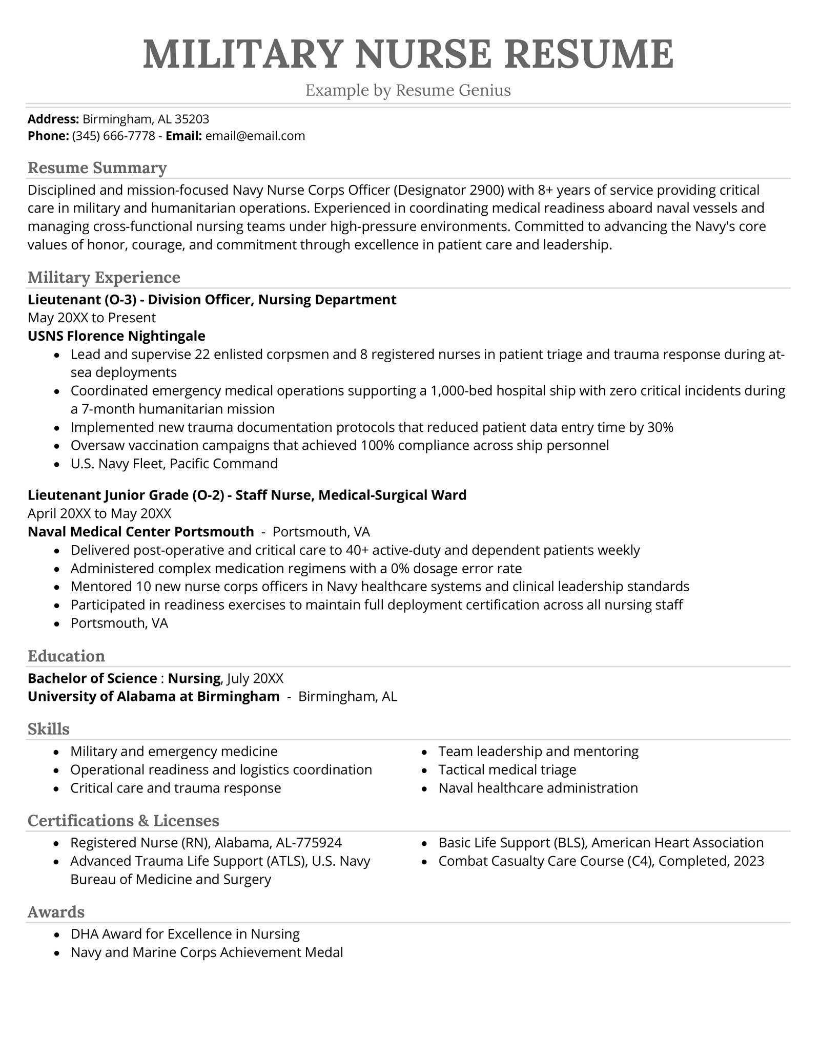 A military nurse resume example.
