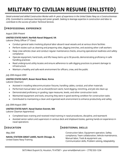 A military to civilian resume example for a junior enlisted.