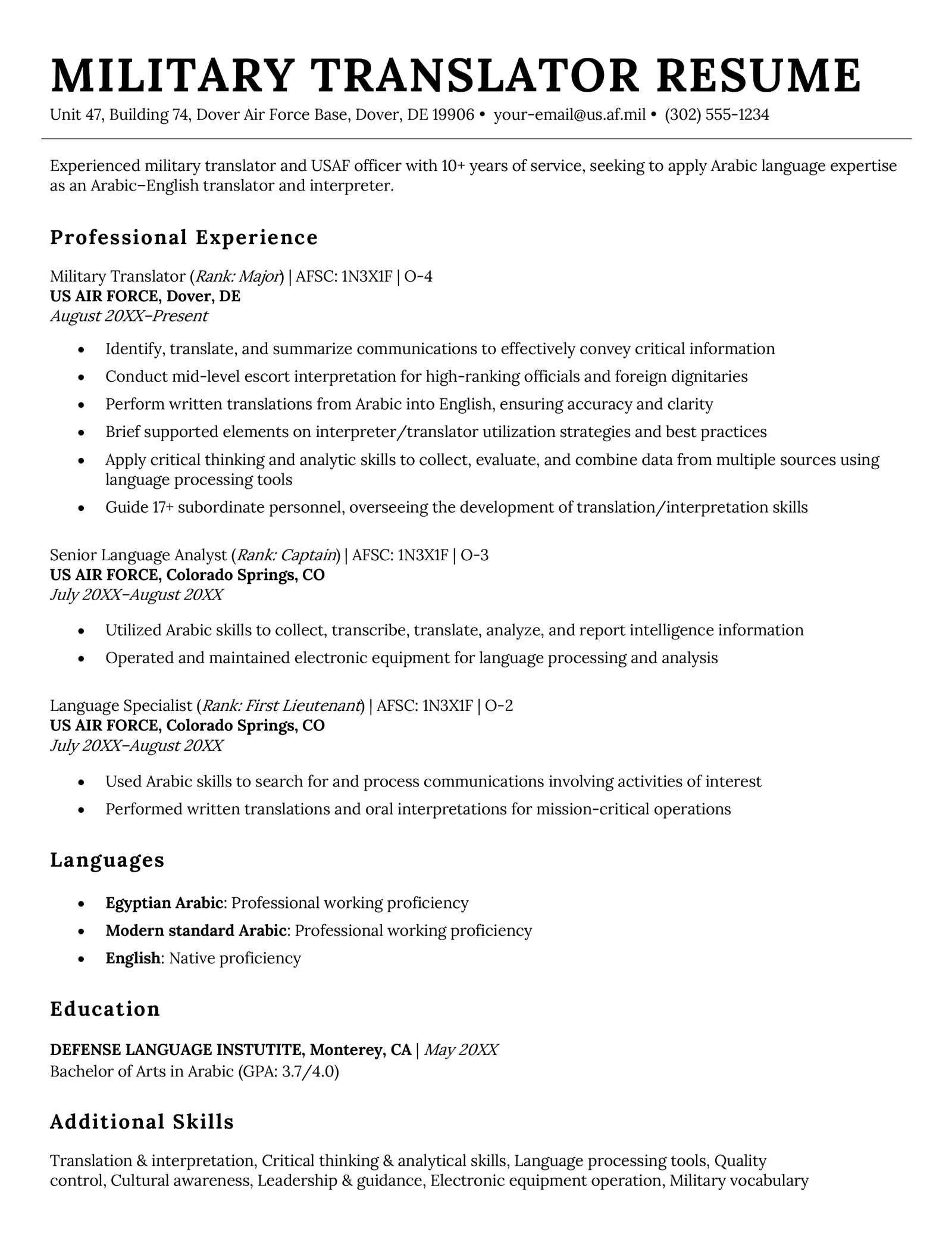 A military translator resume example.