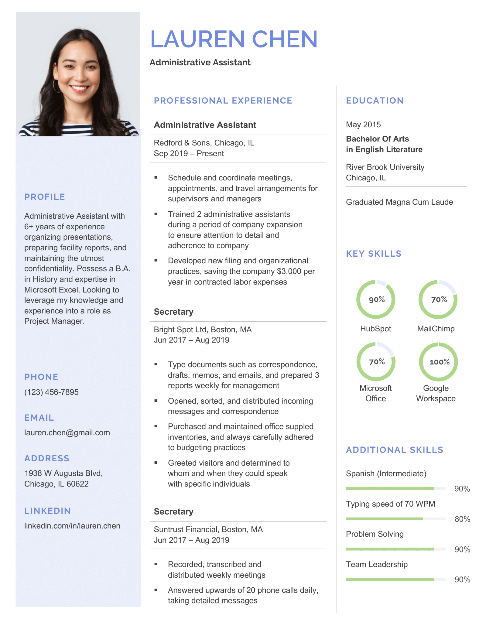 Example that uses cool colors for a resume.