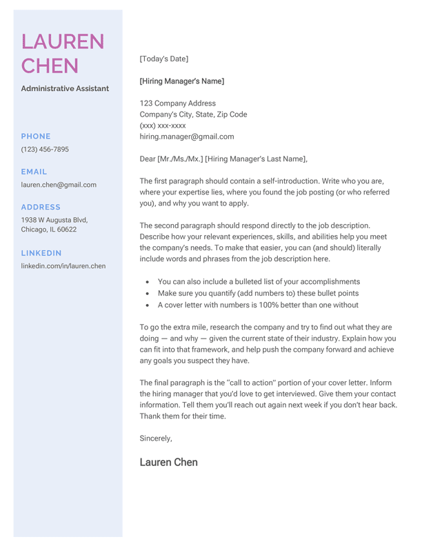 An example of a colorful violet and blue cover letter template for a millenial.