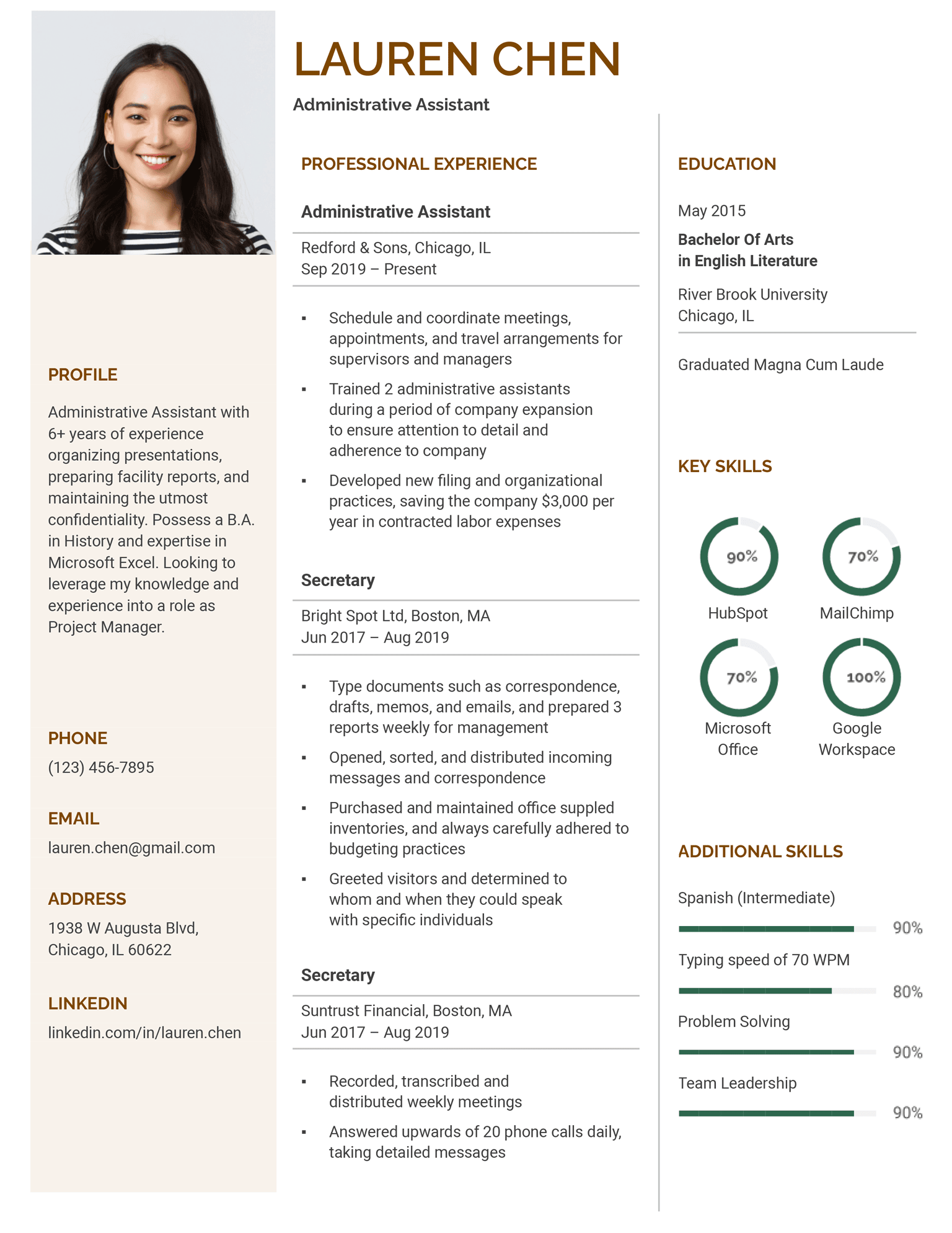 The Millennial resume template for Google Docs in brown and green.