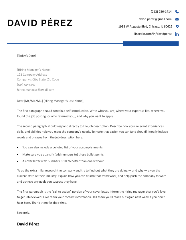 The Minimalist cover letter template in navy blue, with a simple header that includes icons for your contact information.