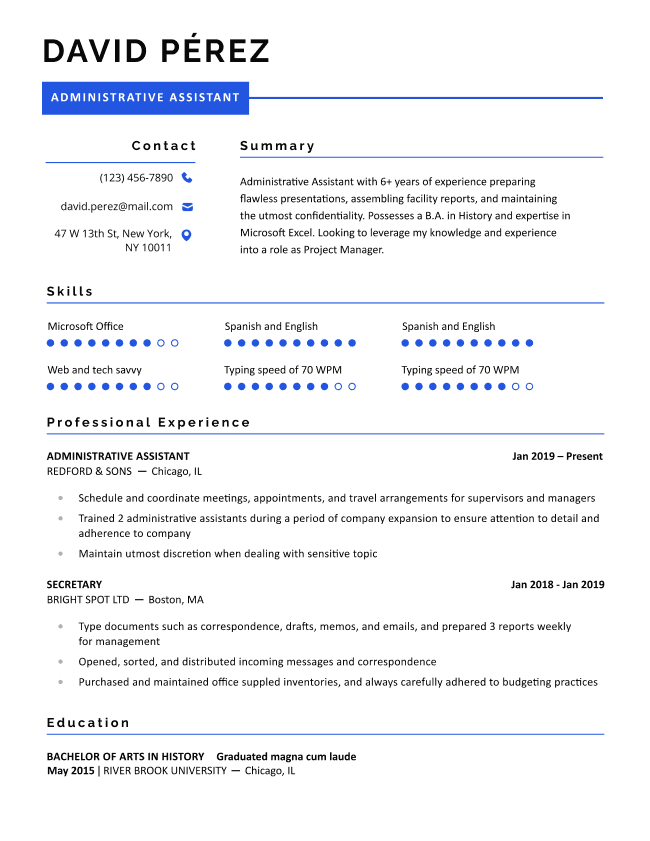 The Minimalist resume template in blue, featuring a basic layout and unique skill bars highlighting the candidate's hard and soft skills.