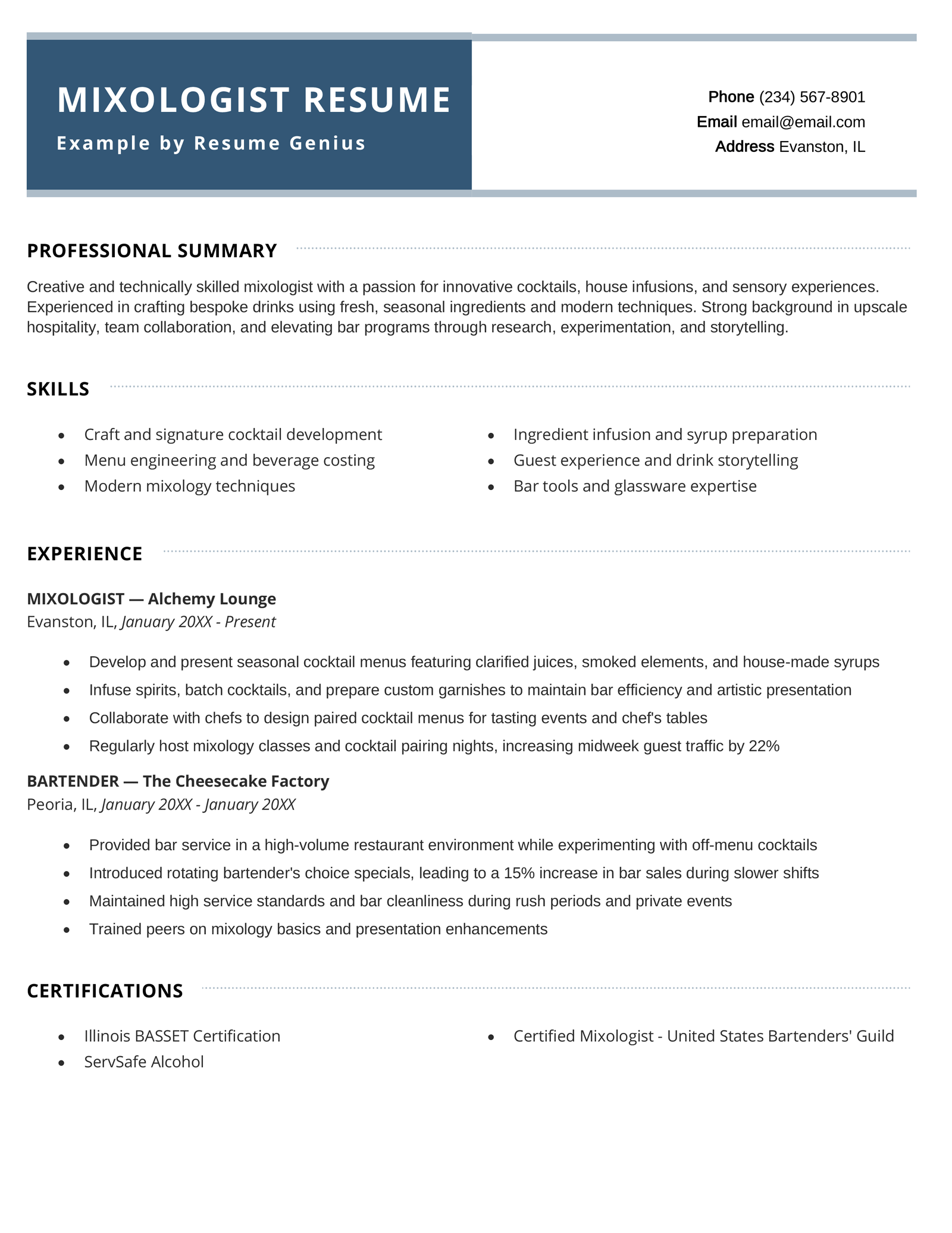 A mixologist resume example.