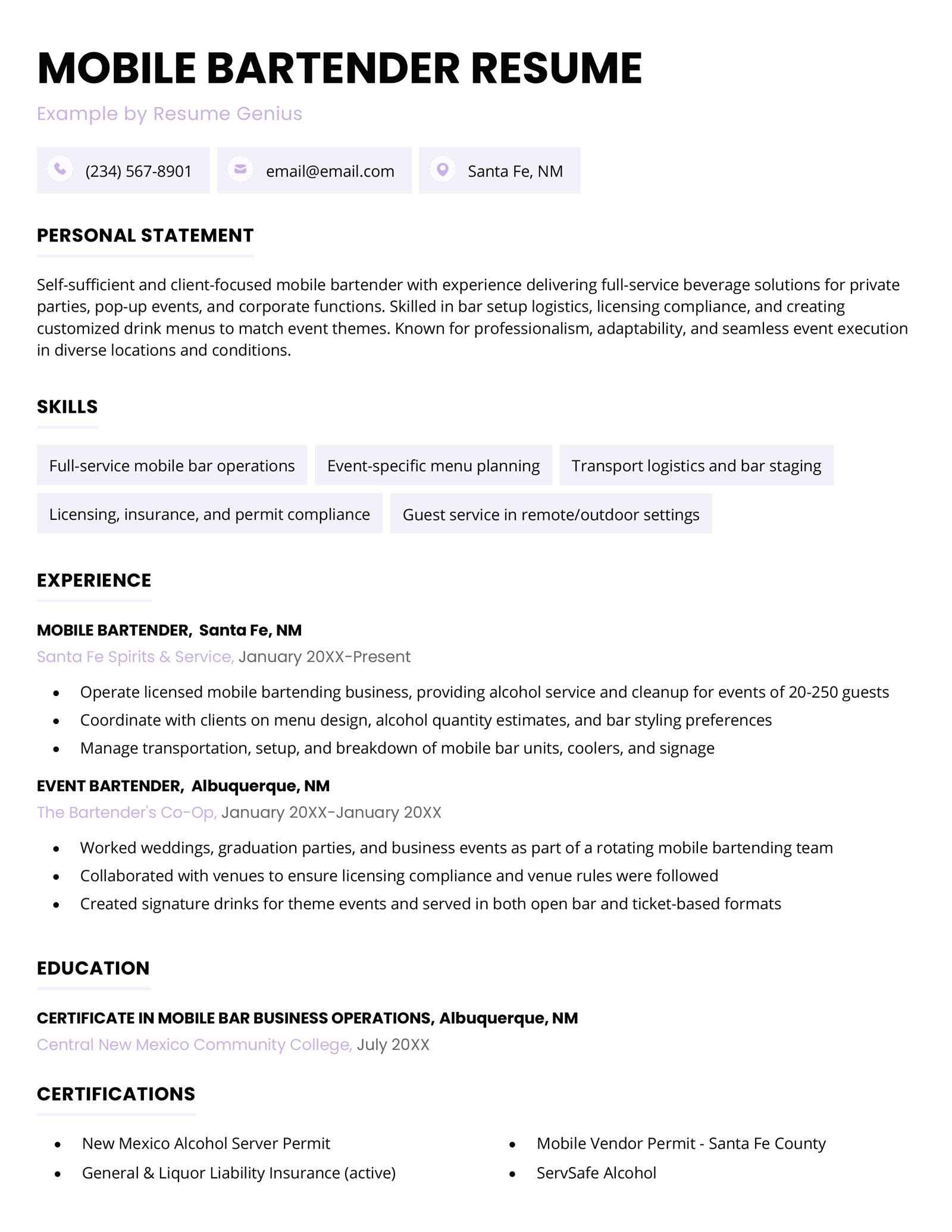 A mobile bartender resume example.