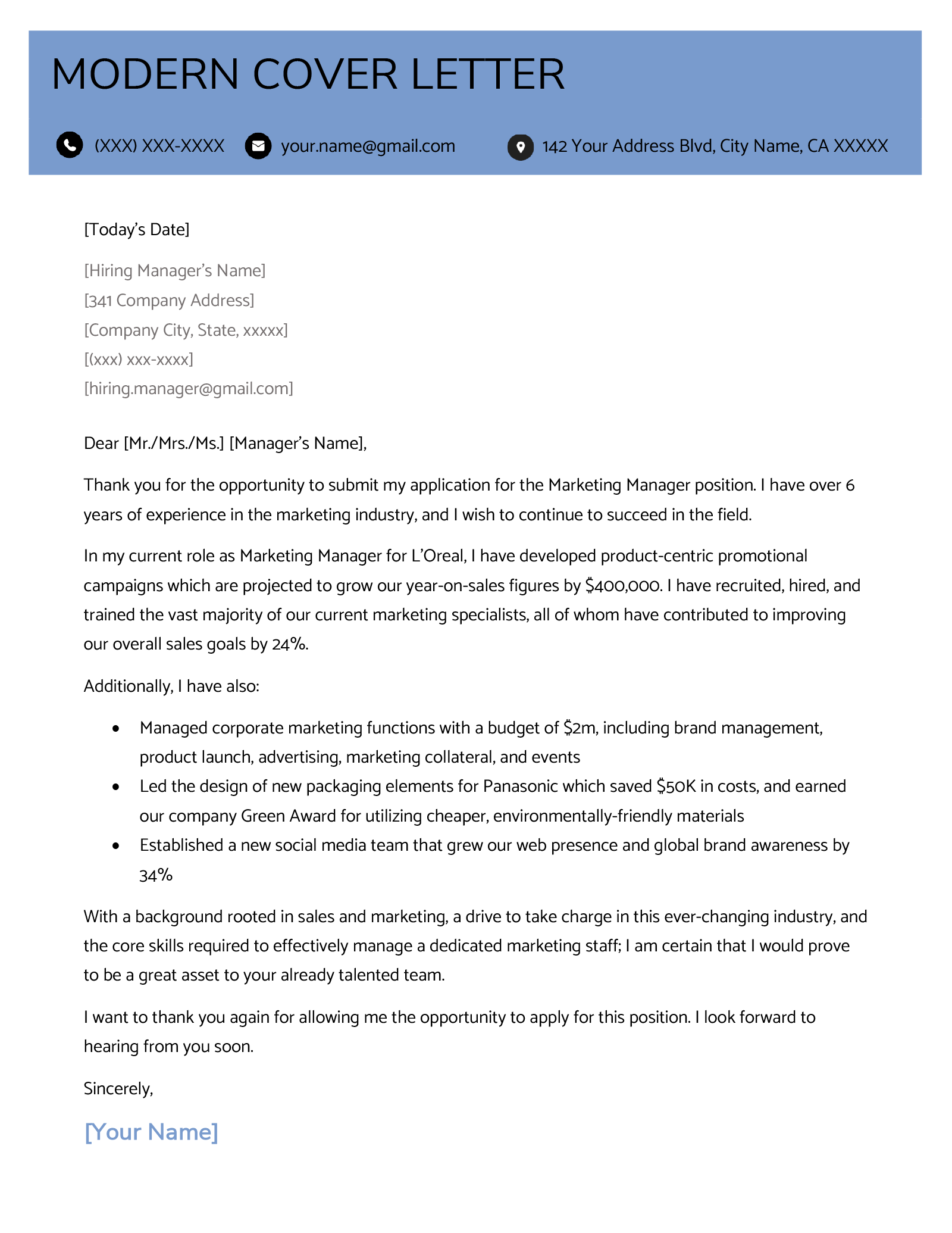 An example of a cover letter using a modern template with a blue header