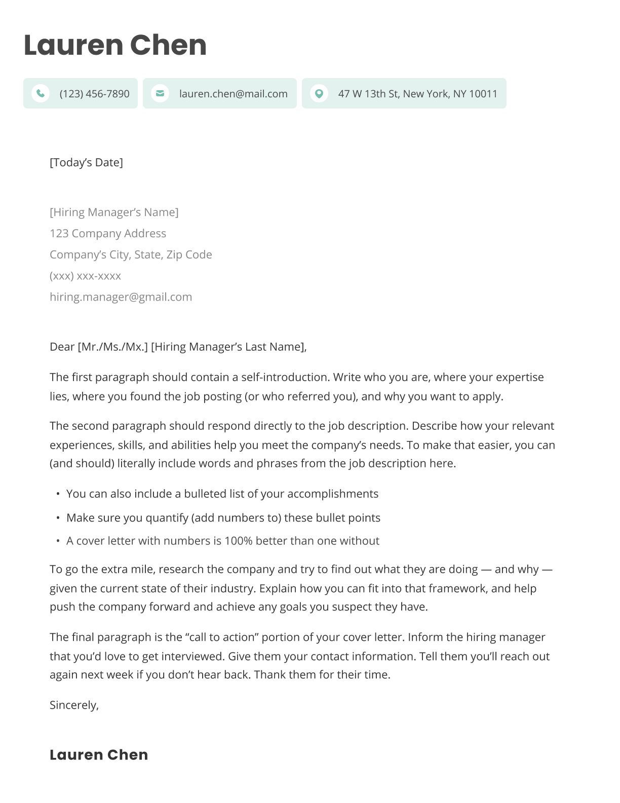 Example of a modern cover letter template