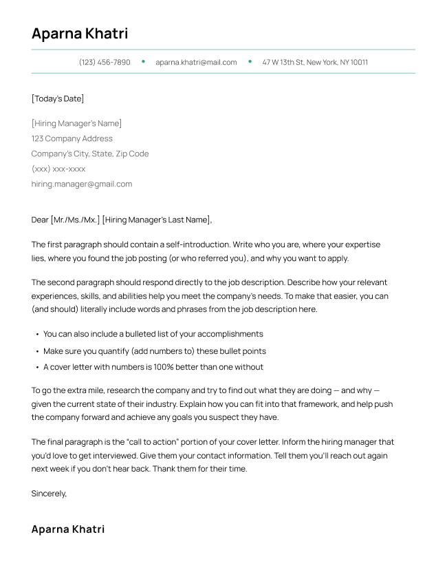The Modern cover letter template in green, featuring a simple and elegant header.