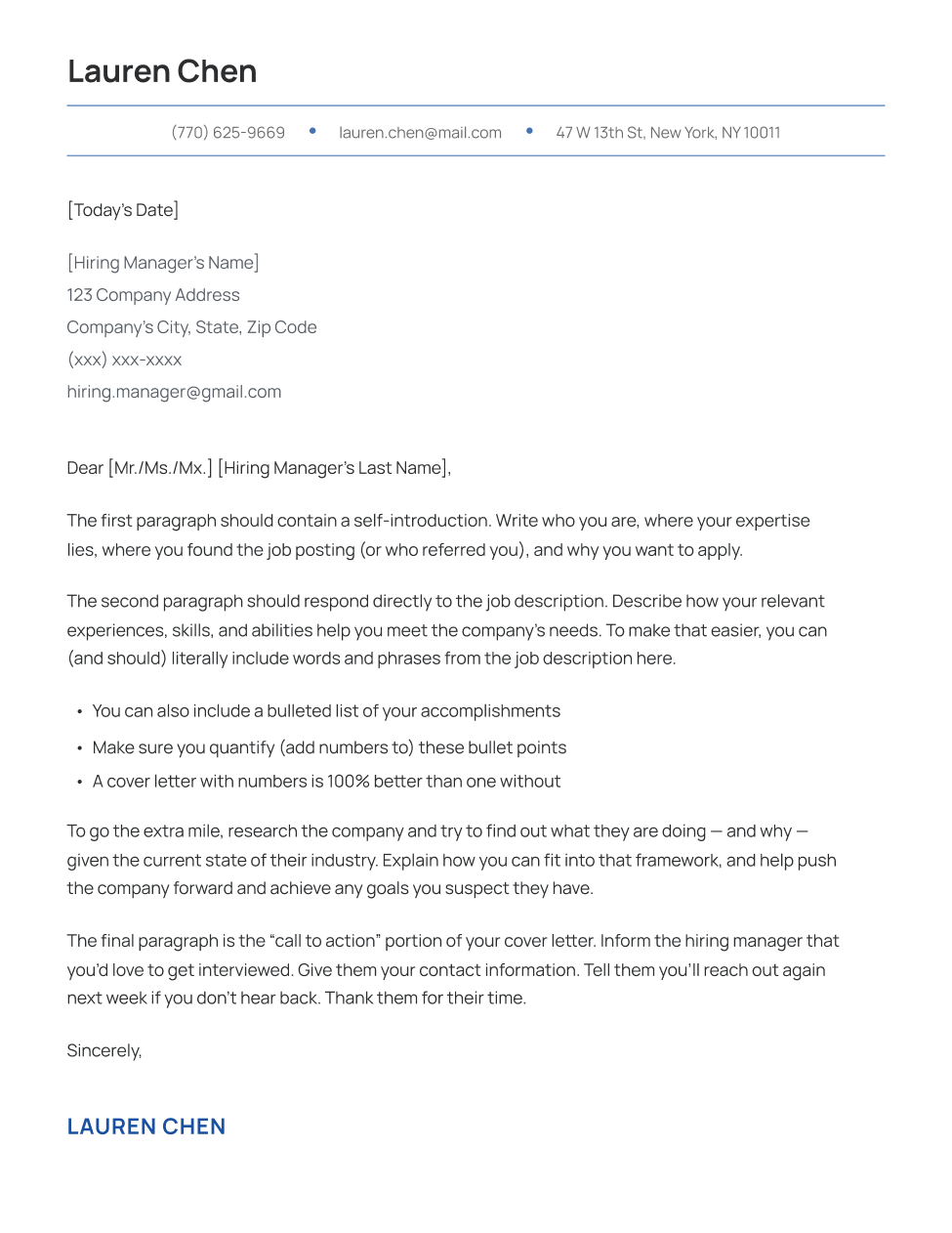 Modern cover letter template in navy blue, featuring a simple and clean design.