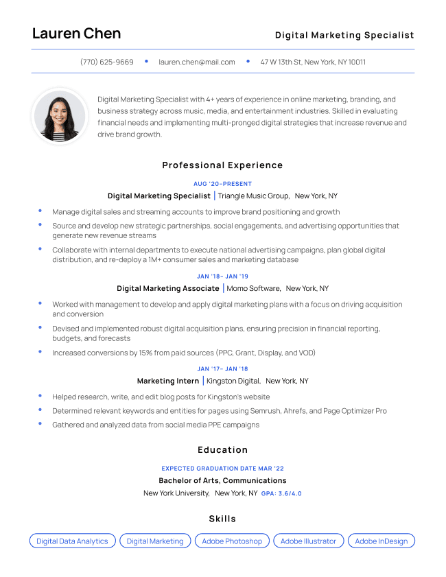 The Modern CV template in blue. Each section is center-aligned, and there's a circular spot for a headshot in the introduction, giving the template a contemporary appearance.