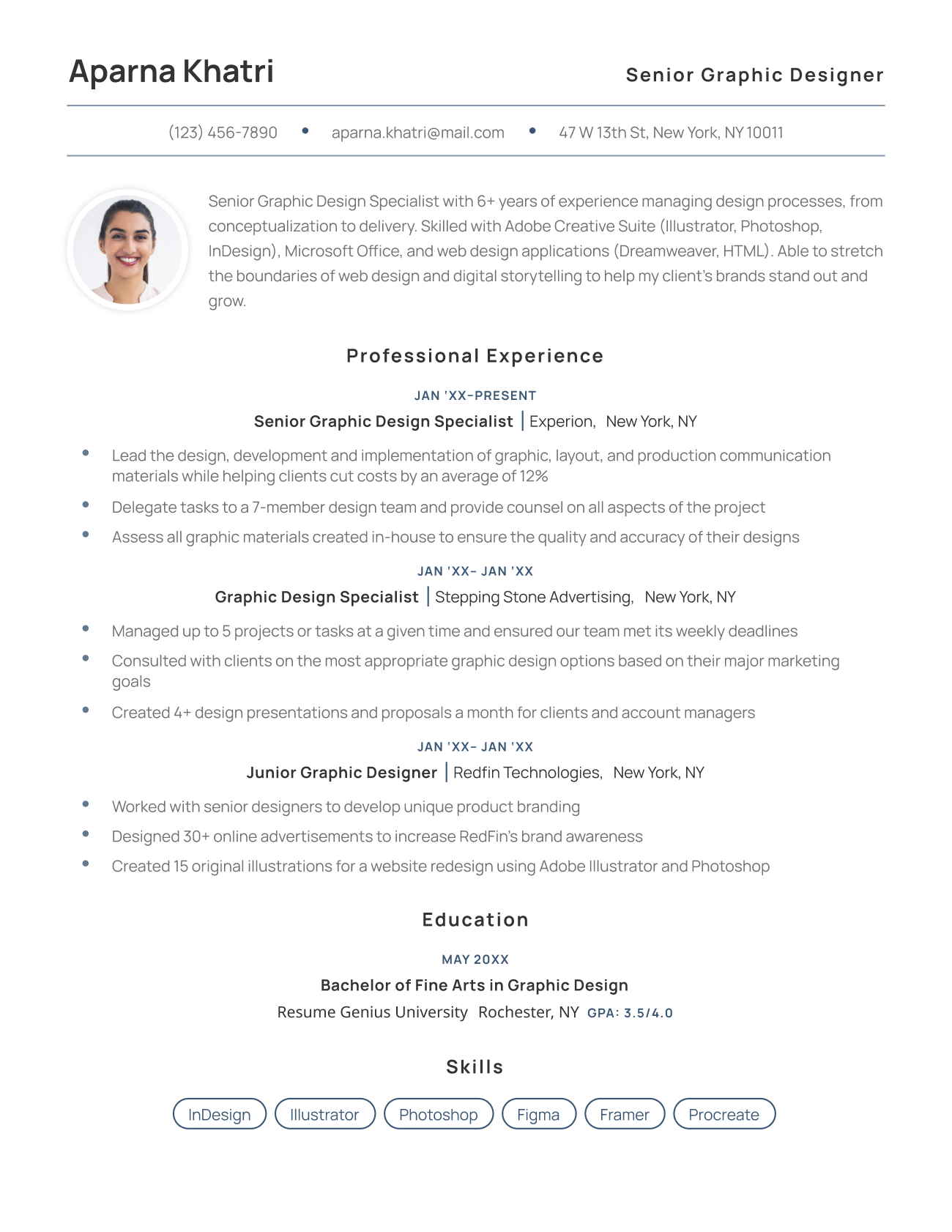 Modern CV template in dark blue