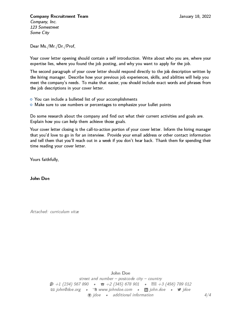 An image of the Modern LaTeX cover letter template from Overleaf