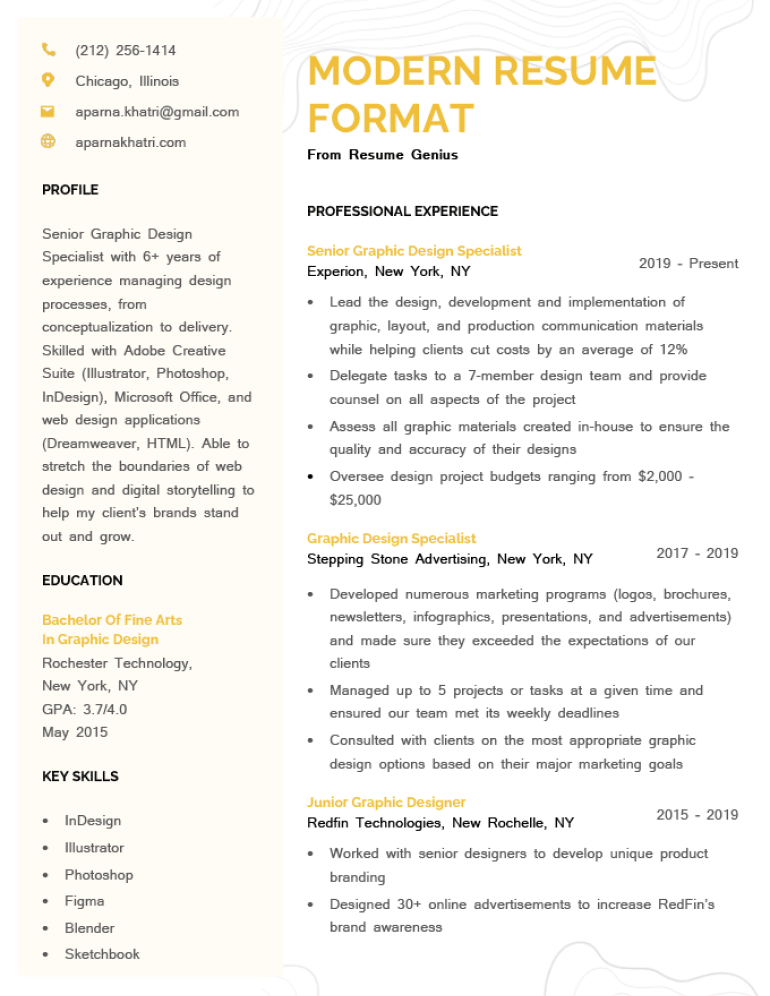 A sample of a modern resume format, with bright yellow headers, a side column, and a unique graphic in the background