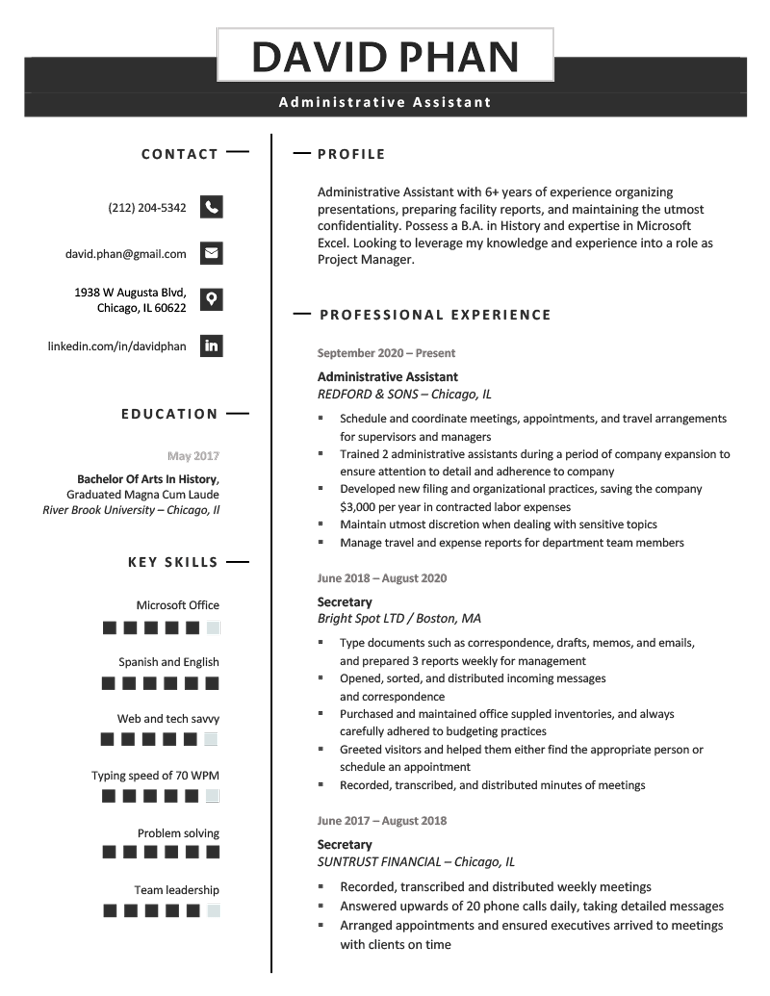 An example of a modern resume layout with black headers and icons.