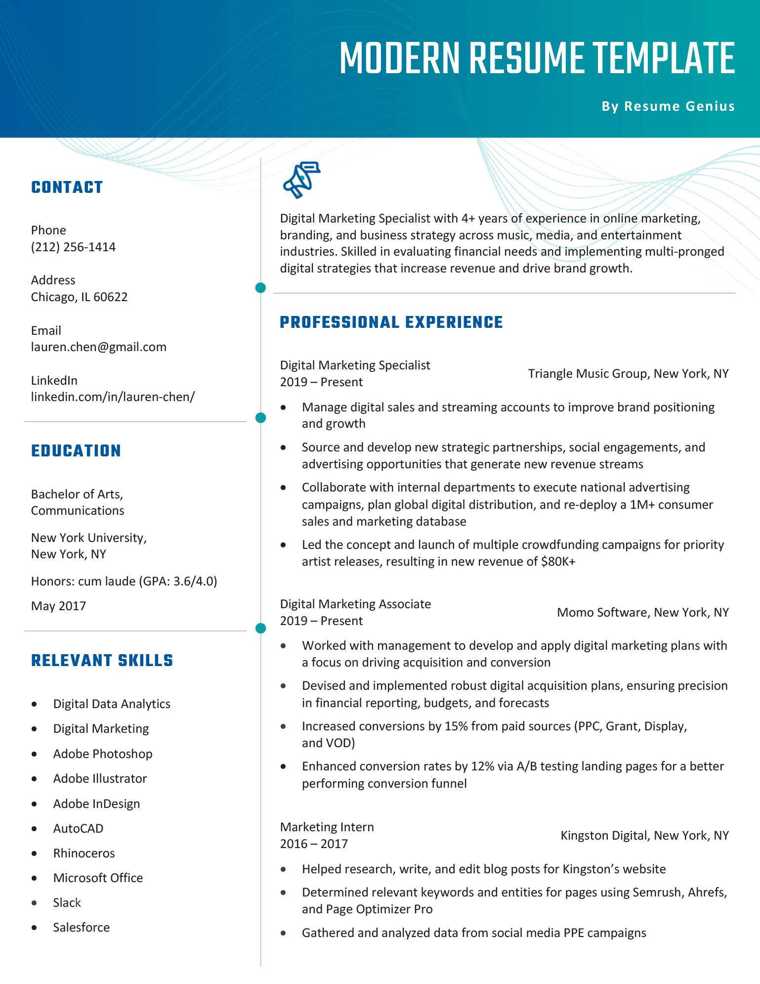 Modern resume template design featuring teal headers and some unique graphic elements.