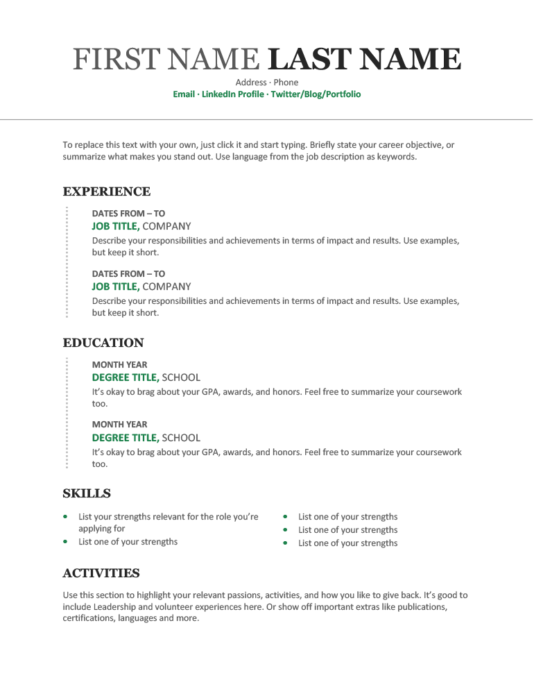 A sample of the "Modern" Microsoft Word resume template