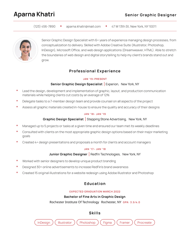 The Modern resume template in red, with a simple header design and a spot for a round headshot.