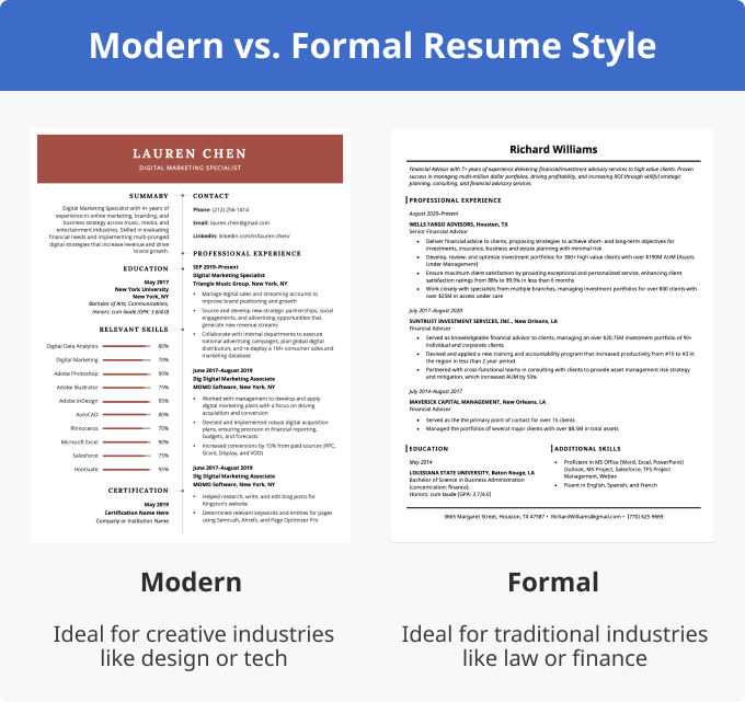 Side-by-side comparison of two resume styles, one formal and one modern.