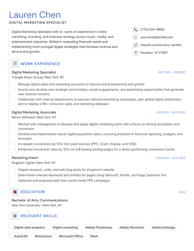 The Mono chronological resume template in blue.