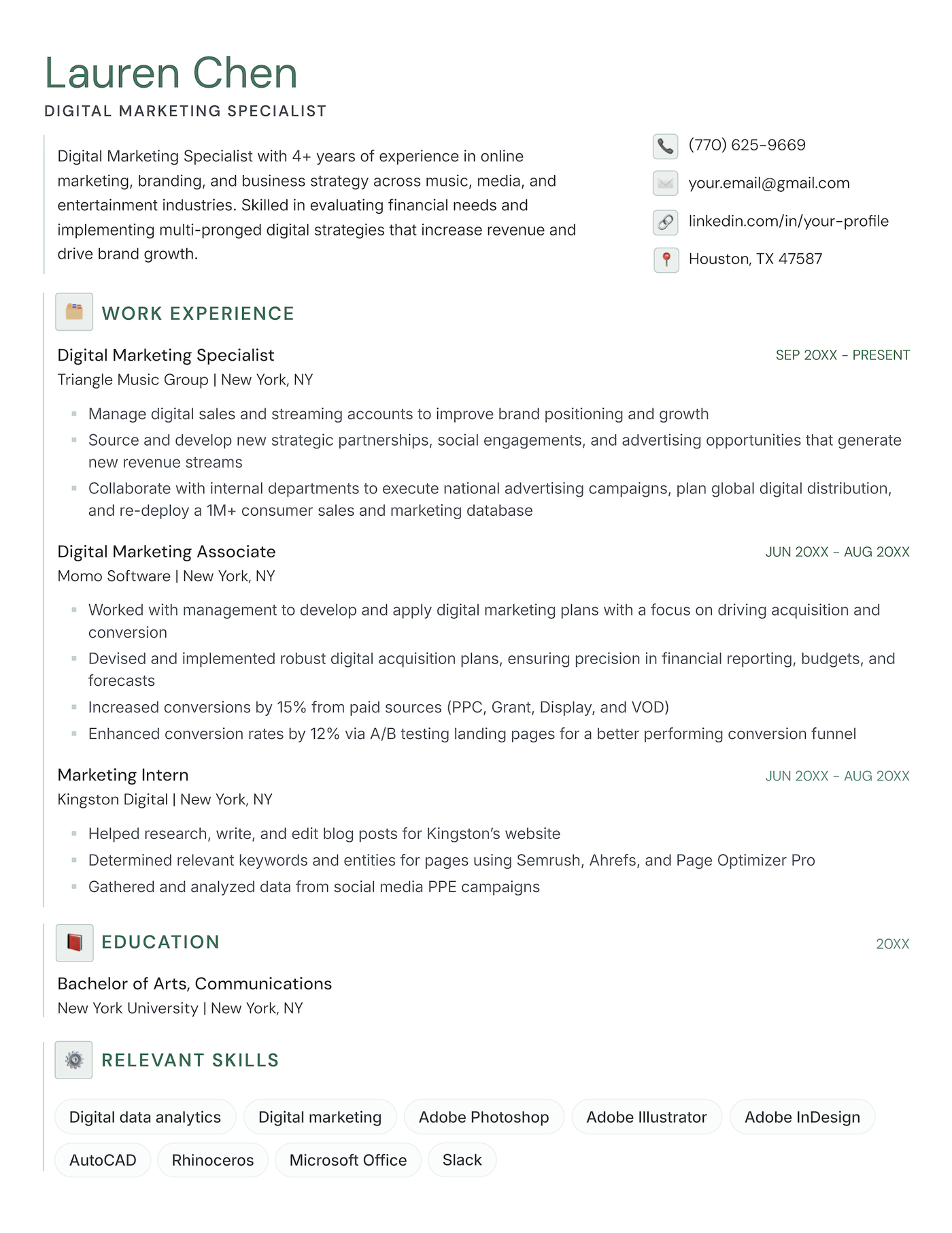 The Mono chronological resume template in green.