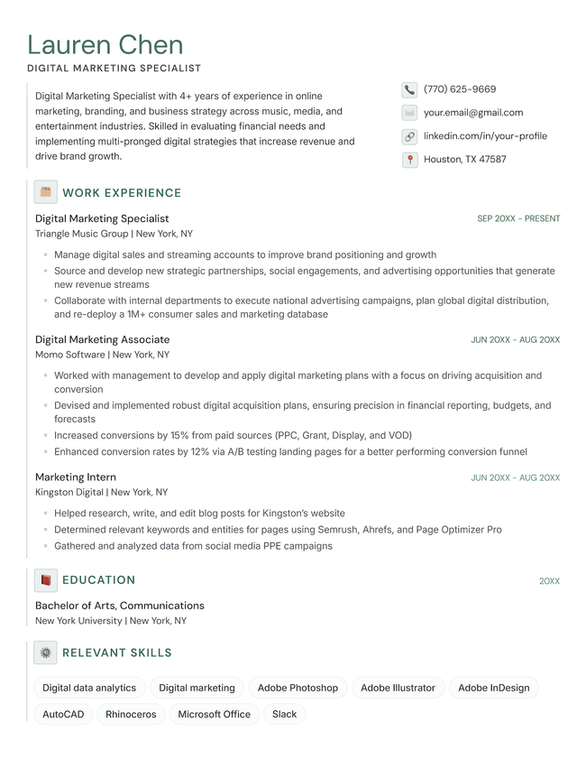The Mono chronological resume template in green.