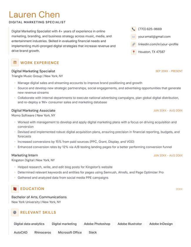 The Mono chronological resume template in orange.