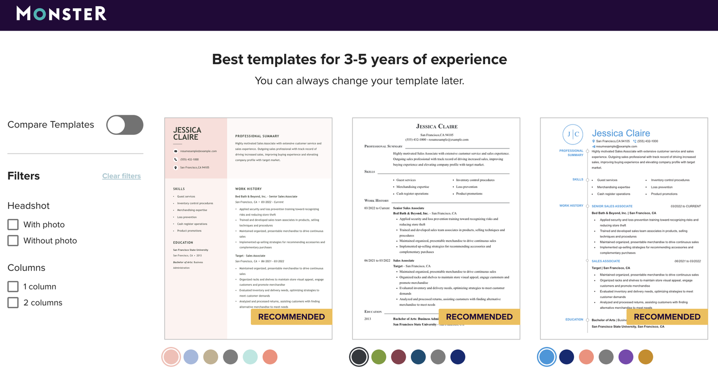 Three Monster resume builder templates.