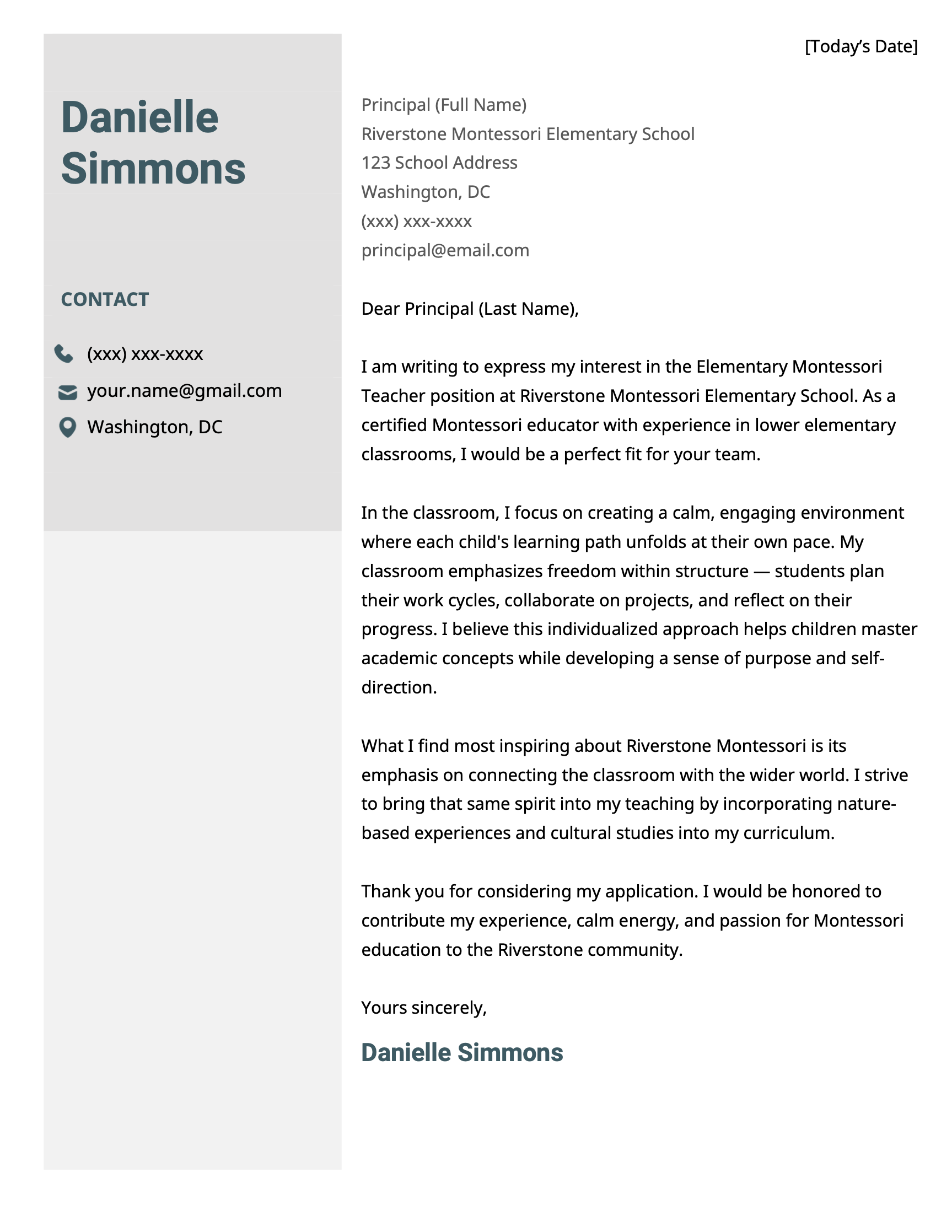 An elementary teacher cover letter for a job at a Montessori school.