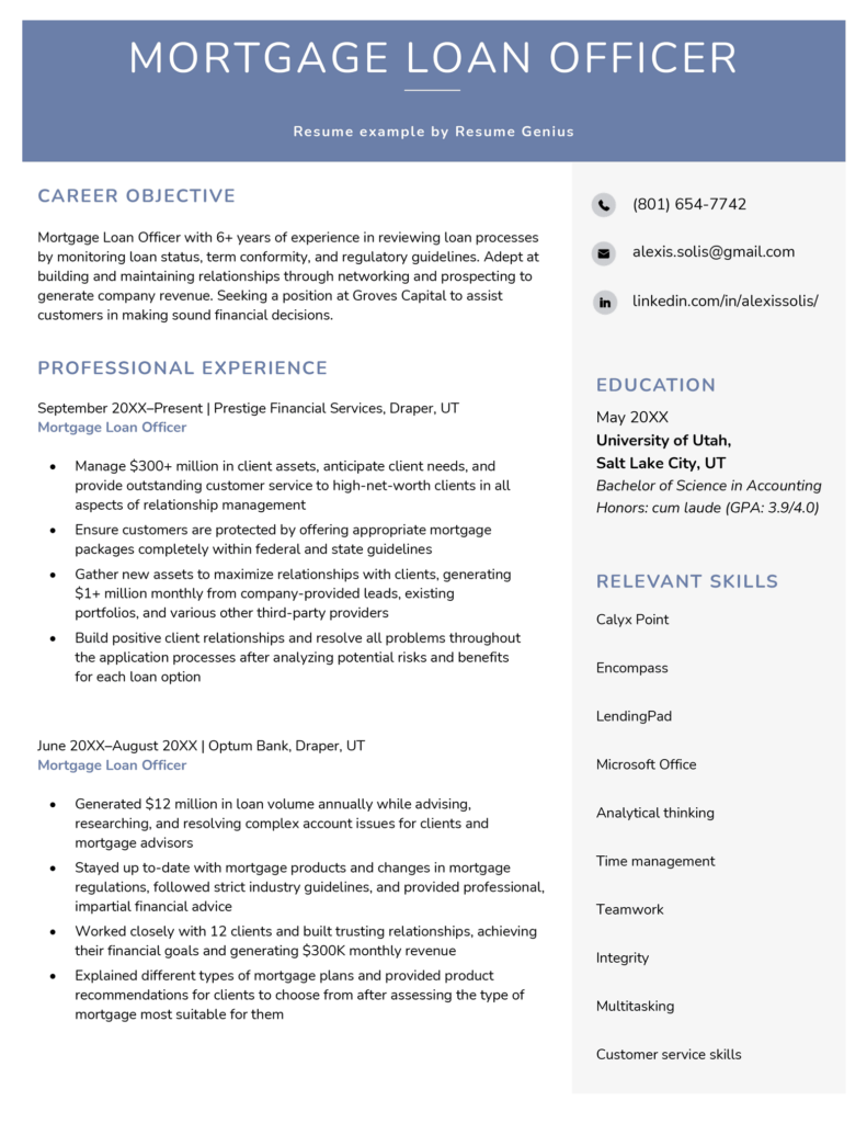 Mortgage Loan Officer Resume - Example & Template