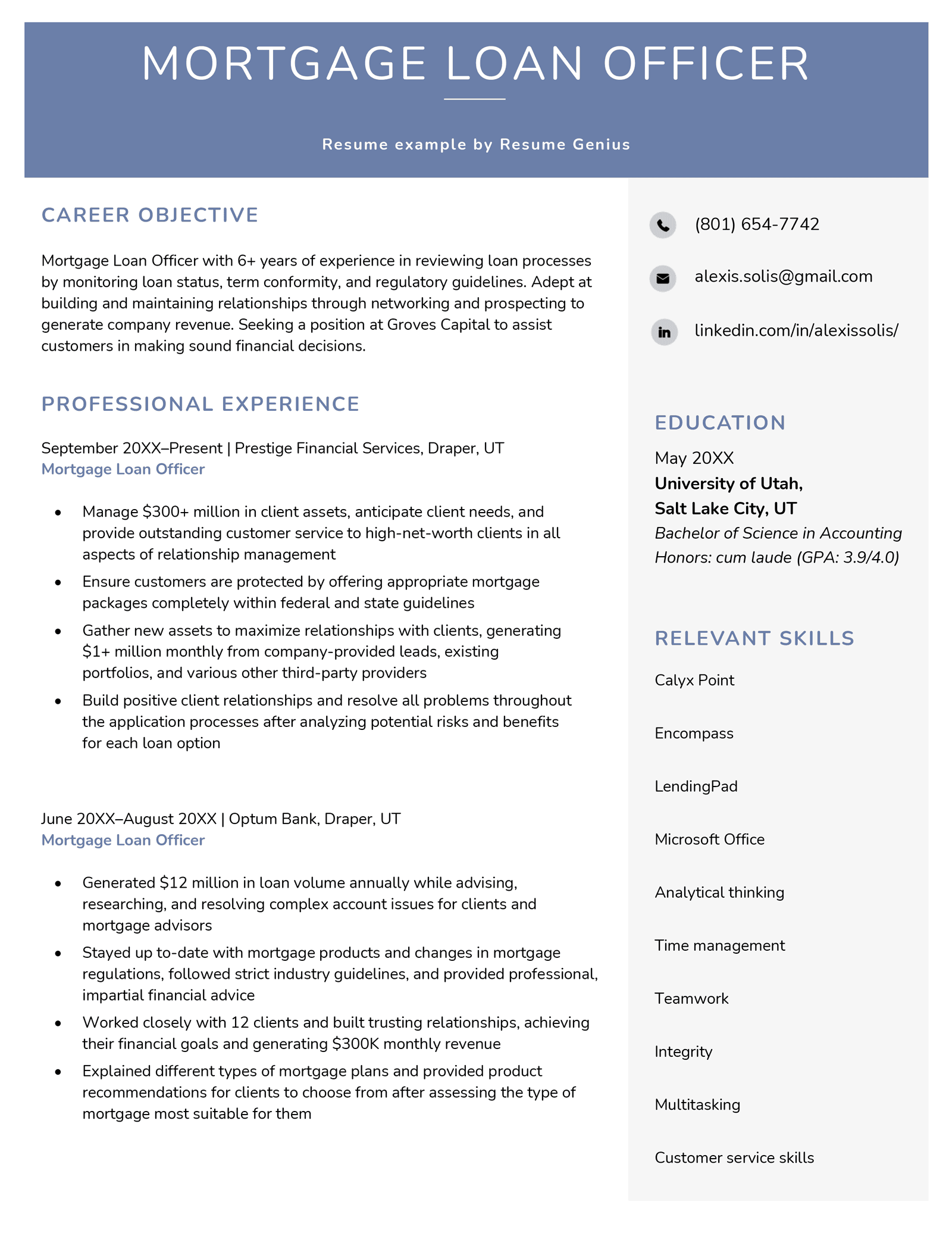 A mortgage loan officer resume example with an eye-catching wide blue header