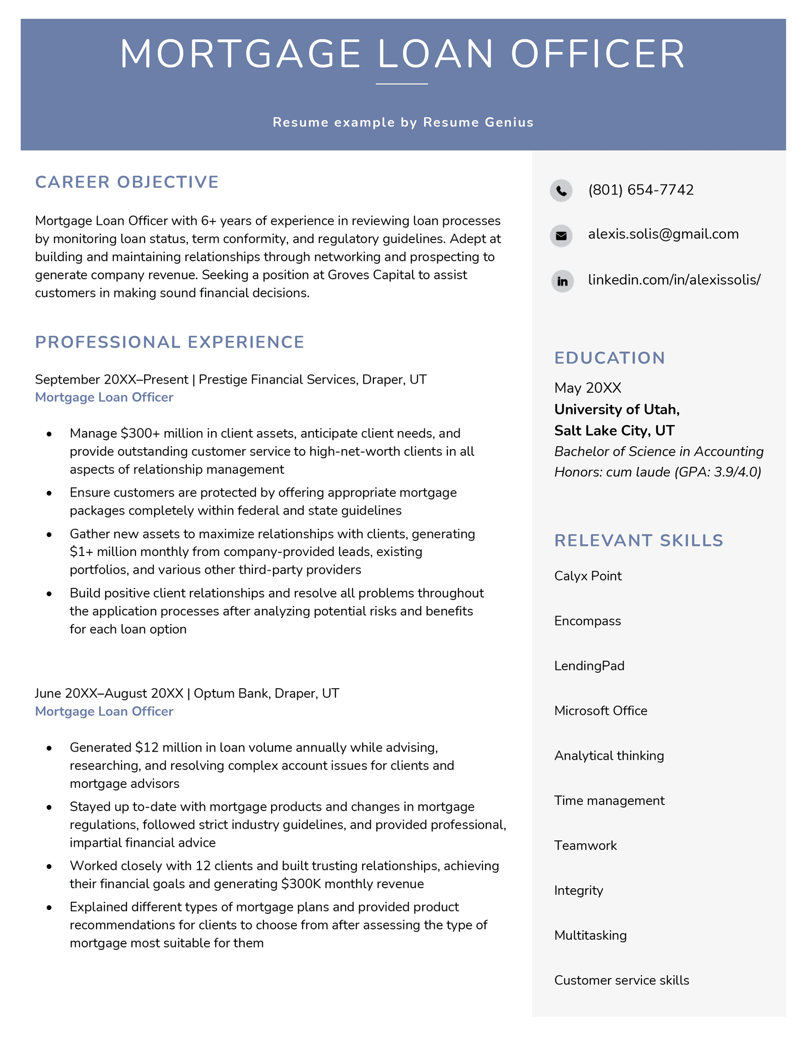 resume sample for loan officer