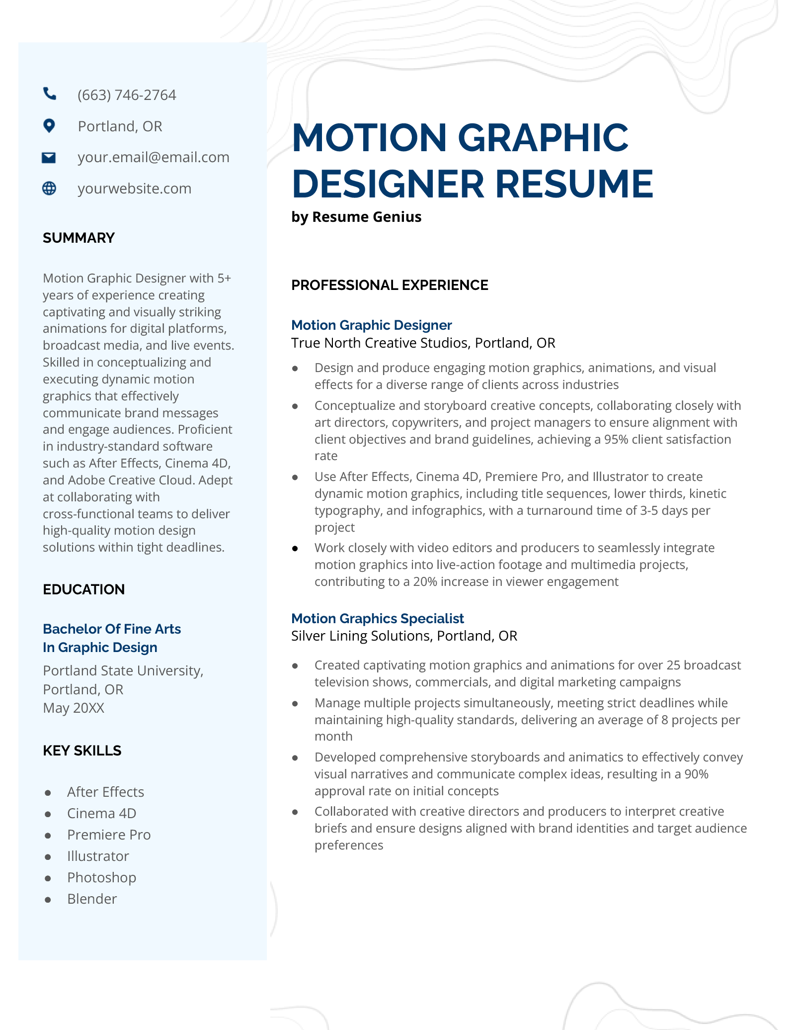 An example resume for a motion graphic designer.