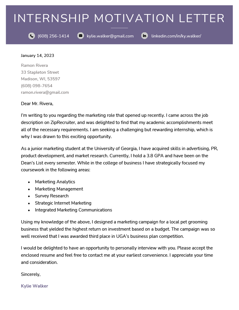 Un exemple de lettre de motivation de stage avec un en-tête violet pour faire ressortir le nom et les coordonnées du candidat