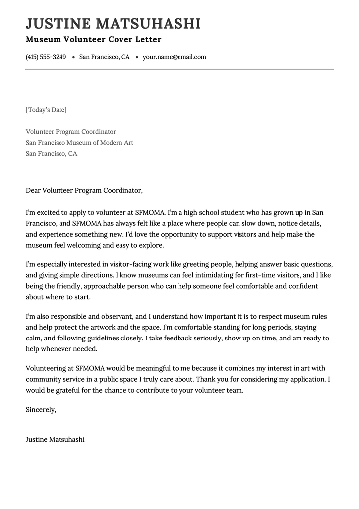 An example of a cover letter for a museum volunteer position written by a high school student.