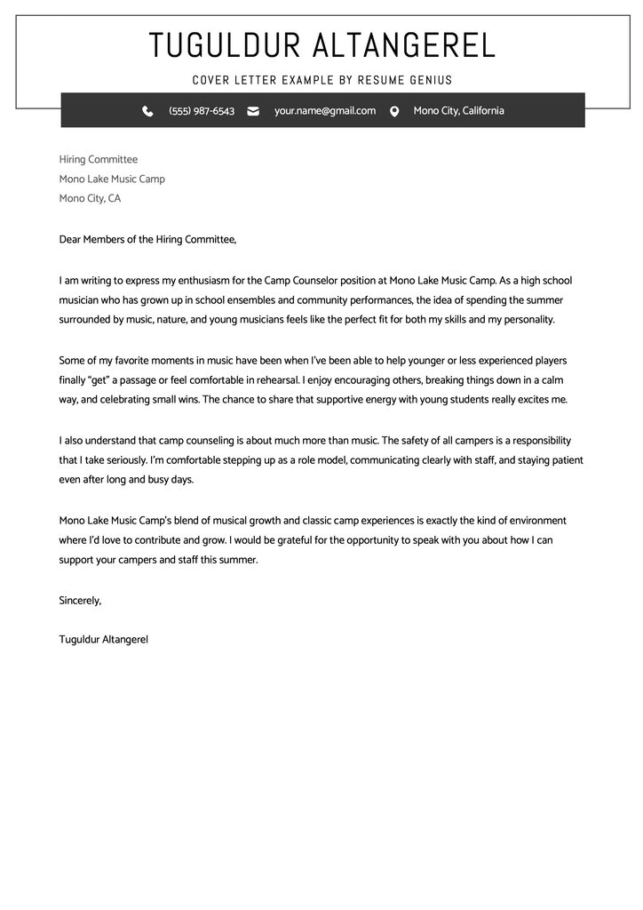 An example of a cover letter for a camp counselor position at a music camp written by a high school student.