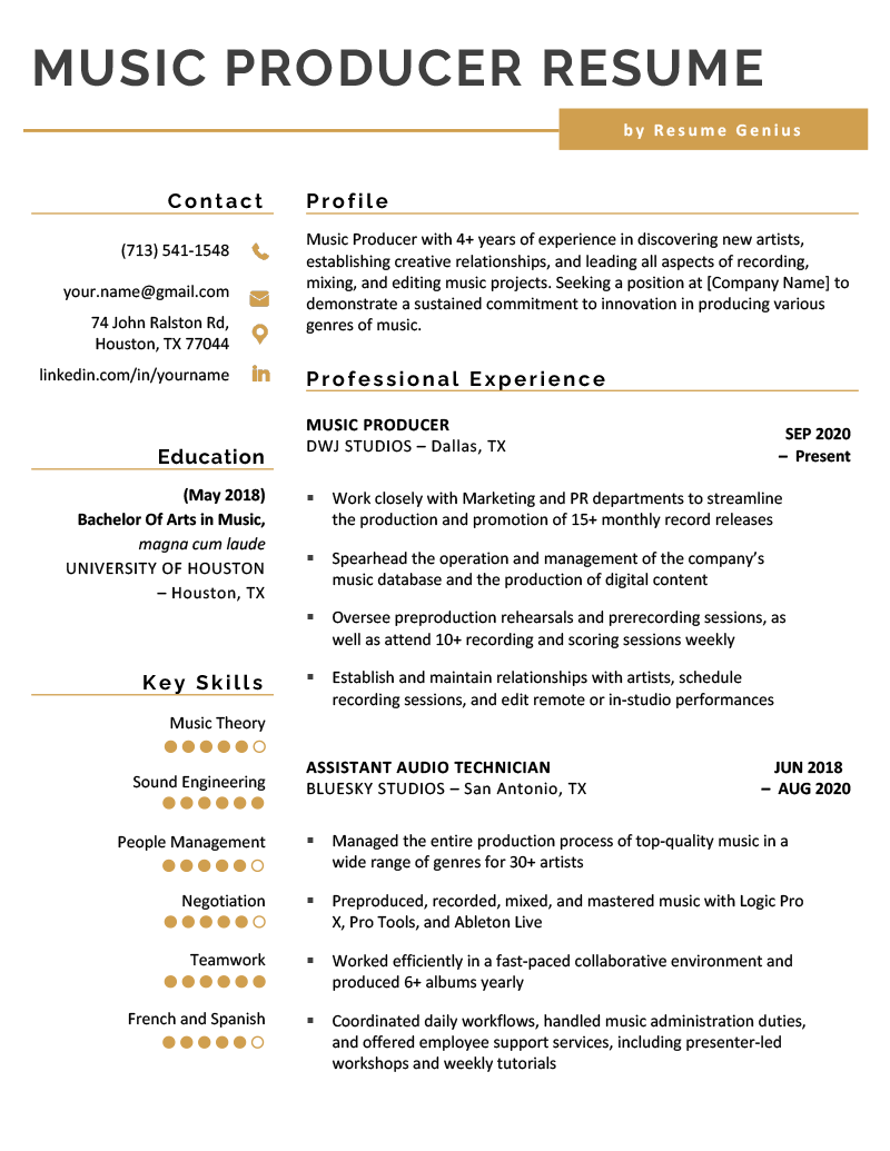 A music producer resume sample with extra-large header text for the applicant's name and gold lines highlighting the resume sections for the applicant's contact information, profile, professional experience, education, and key skills