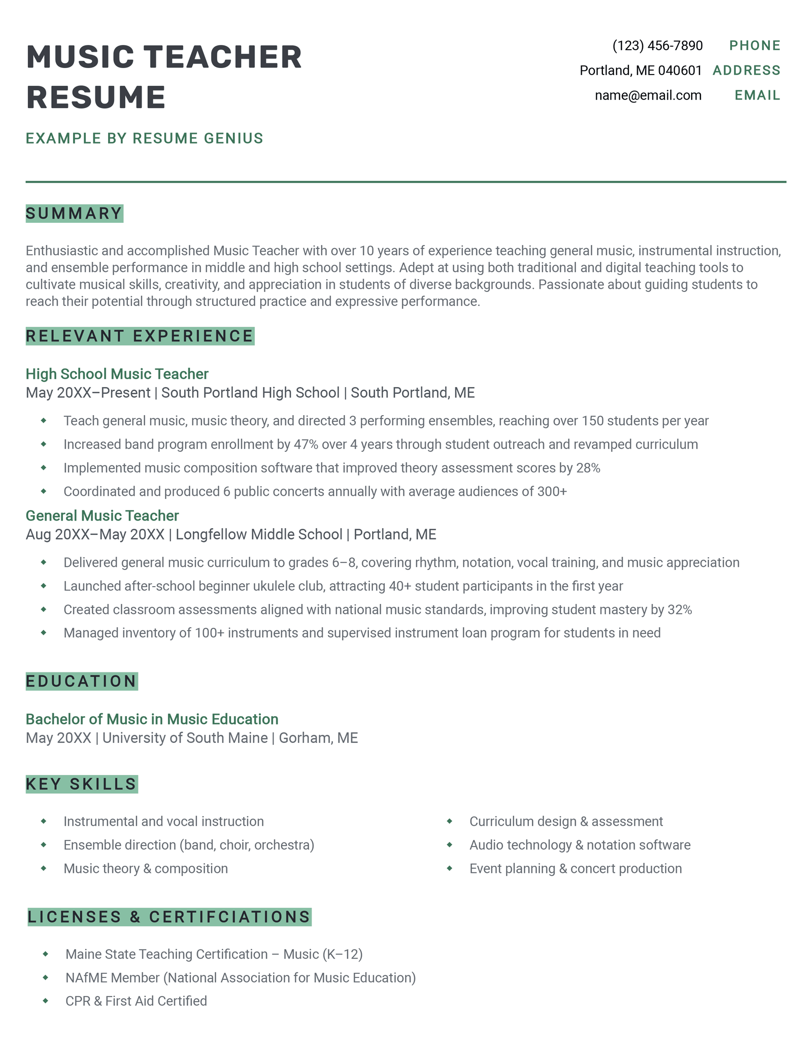 A music teacher resume example.