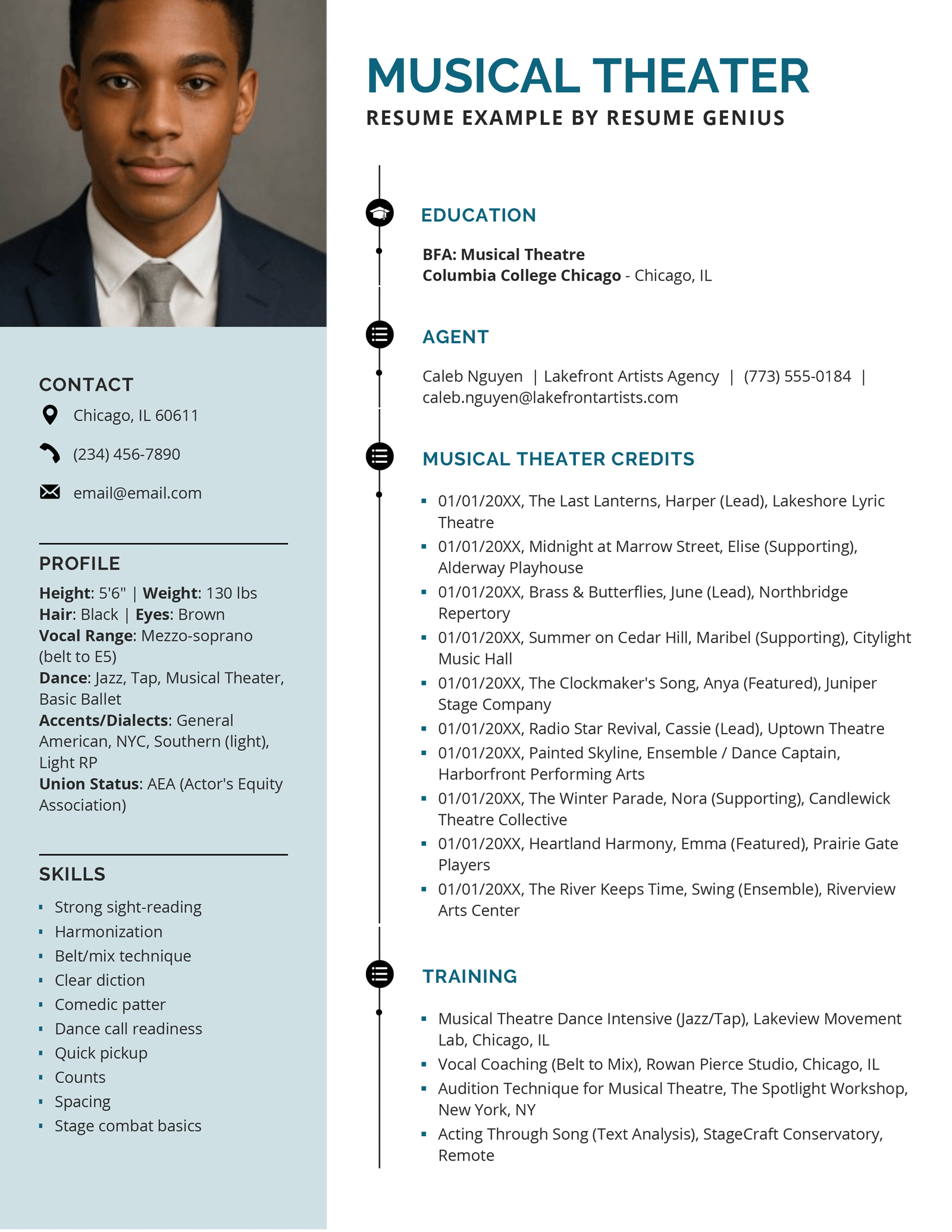 A musical theater actor resume example.