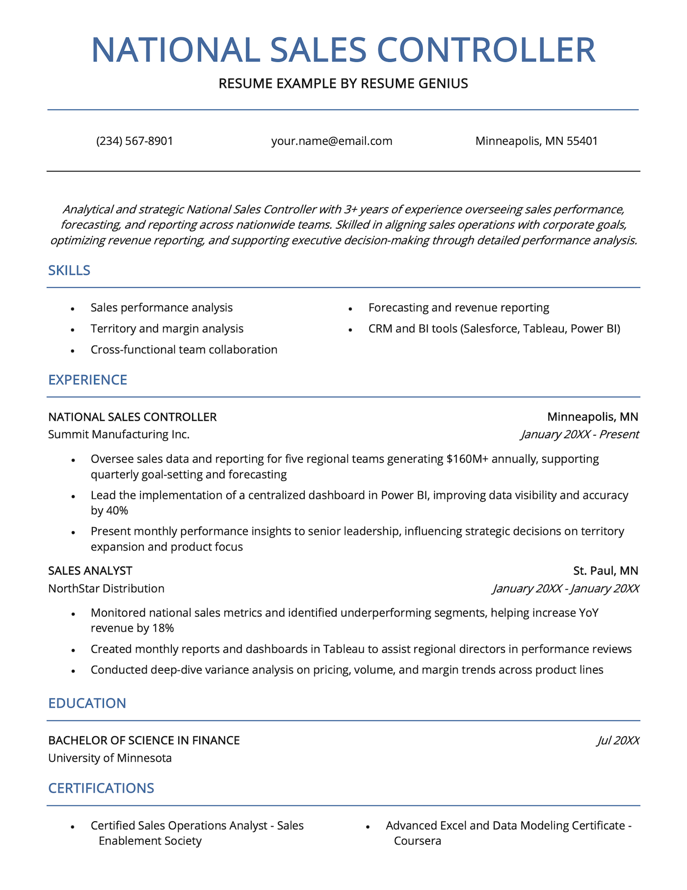 A national sales controller resume example.