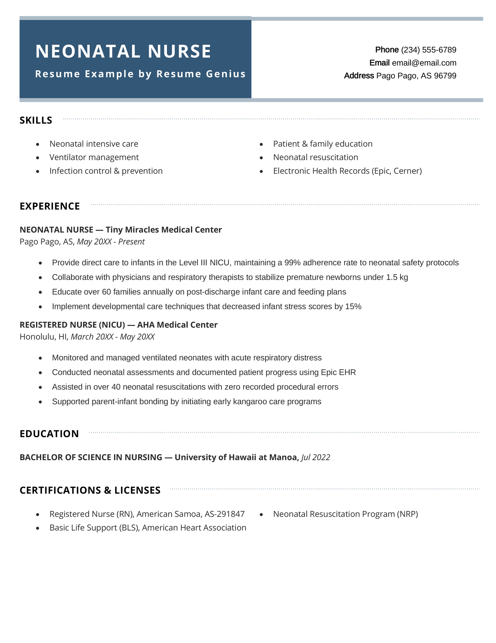 A neonatal nurse resume example.