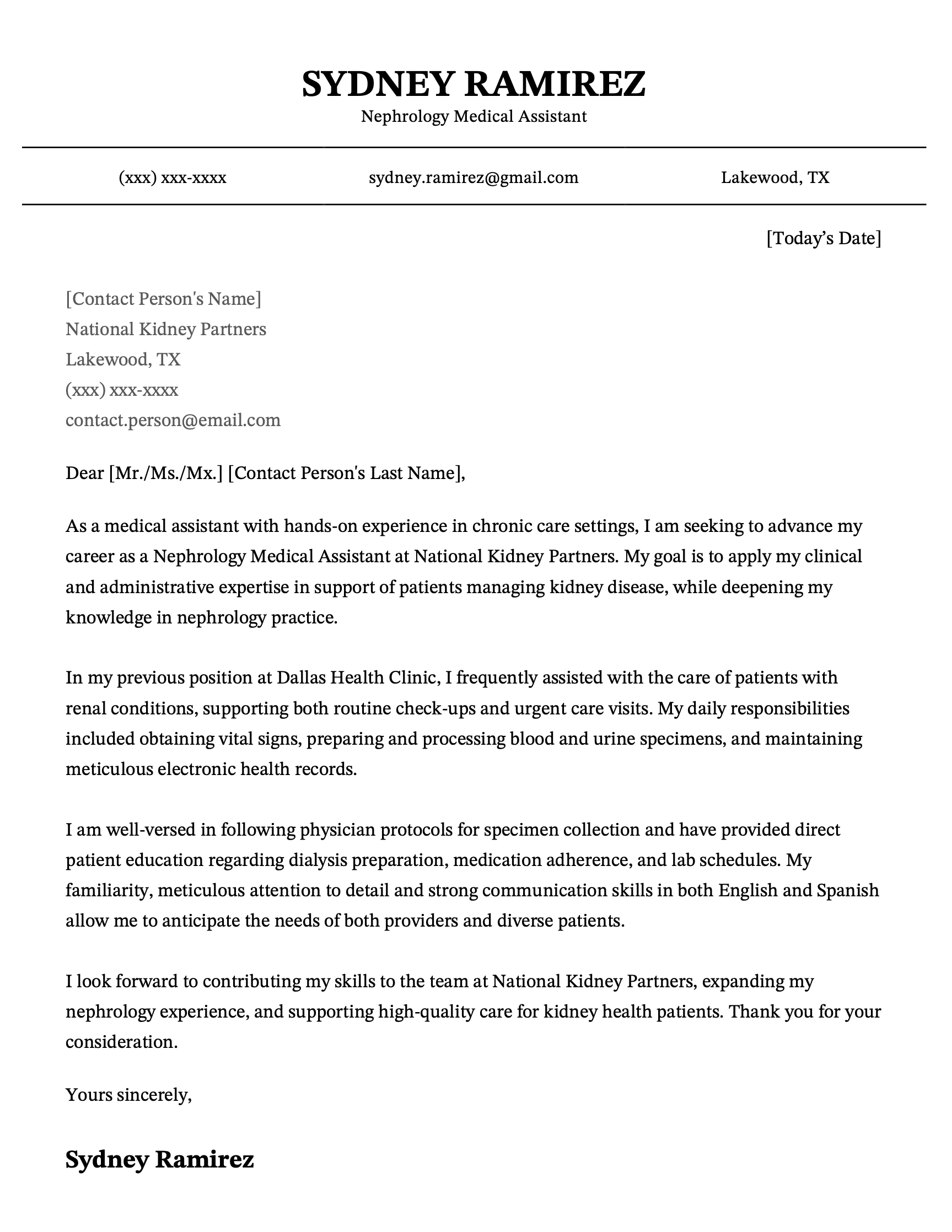 An example medical assistant cover letter for a nephrology position.