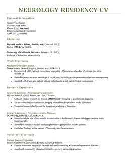 The first page of a neurology residency CV example
