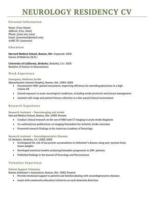 The first page of a neurology residency CV example