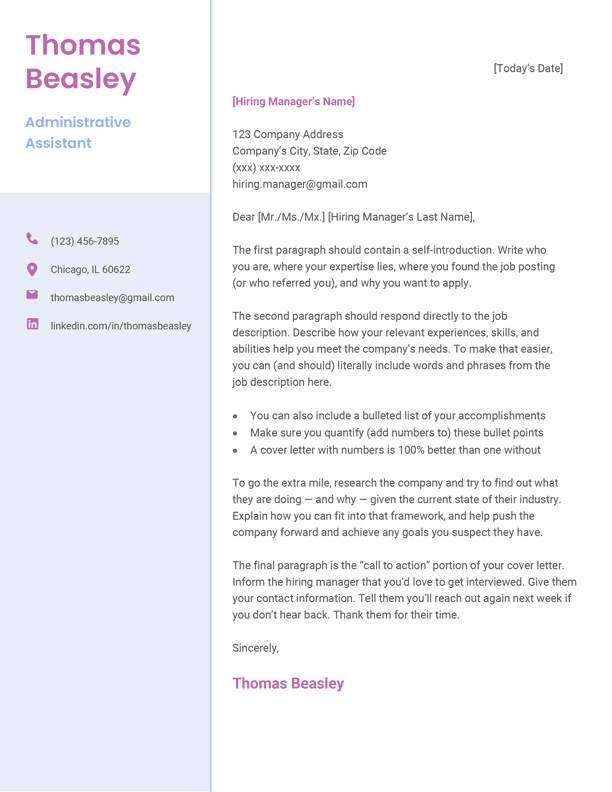 An example of a modern, new-age cover letter template