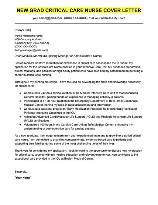 An example cover letter for a new grad nurse applying for a critical care nursing position.
